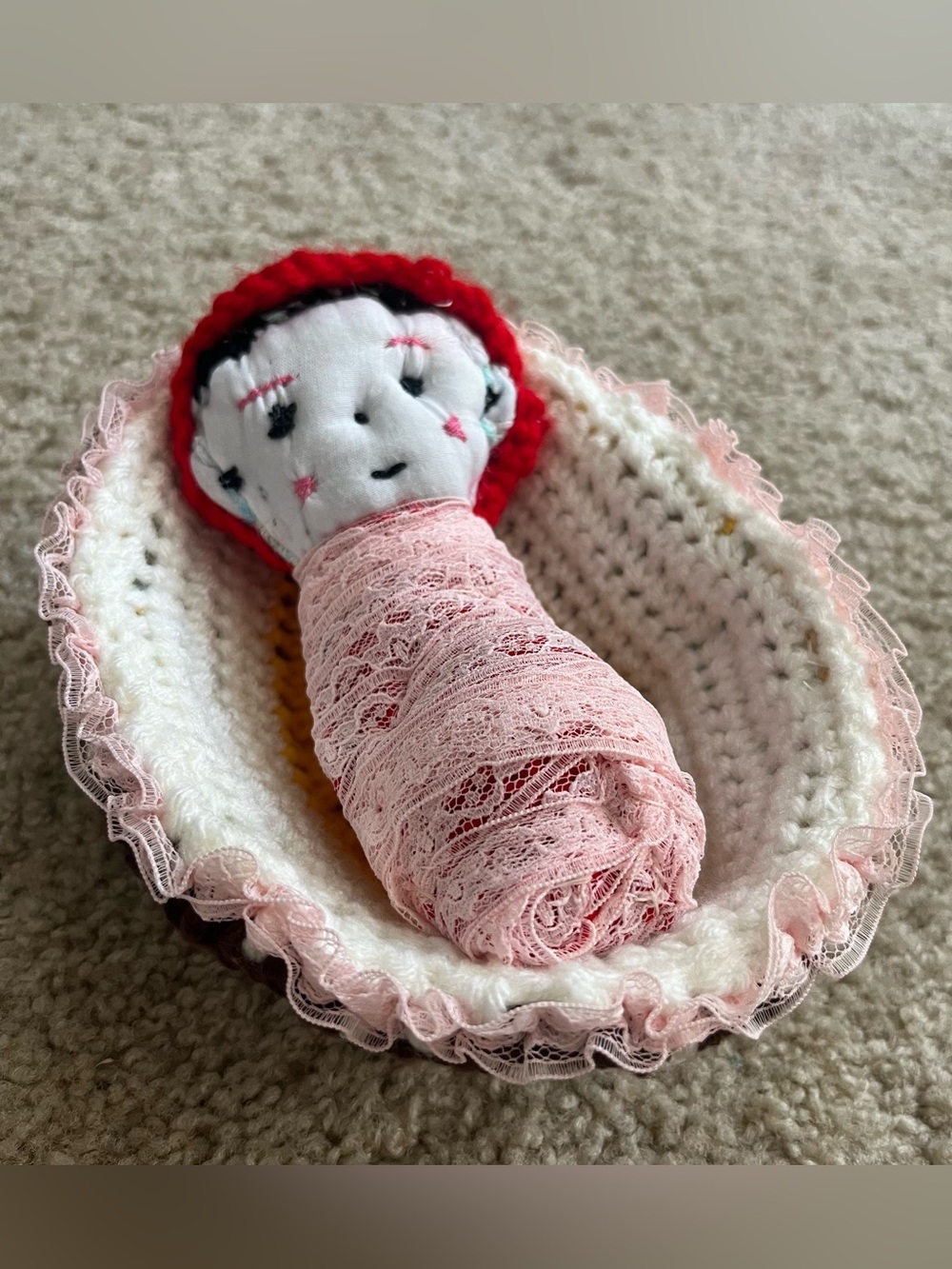 Handmade Mini Baby Doll in Straw Basket Crochet Blanket Hat Fabric Baby OOAK